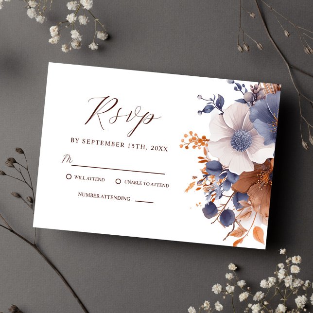 Cartão RSVP Casamento de ferrugem azul-poeirento Elegante (Elegant Floral Dusty Blue Rust Wedding RSVP Card)