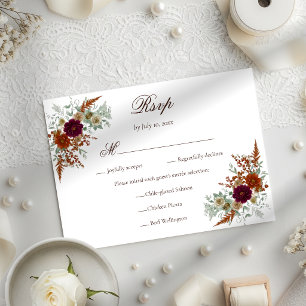 Cartão RSVP Casamento de Florais de Outono Burgundy e Laranja