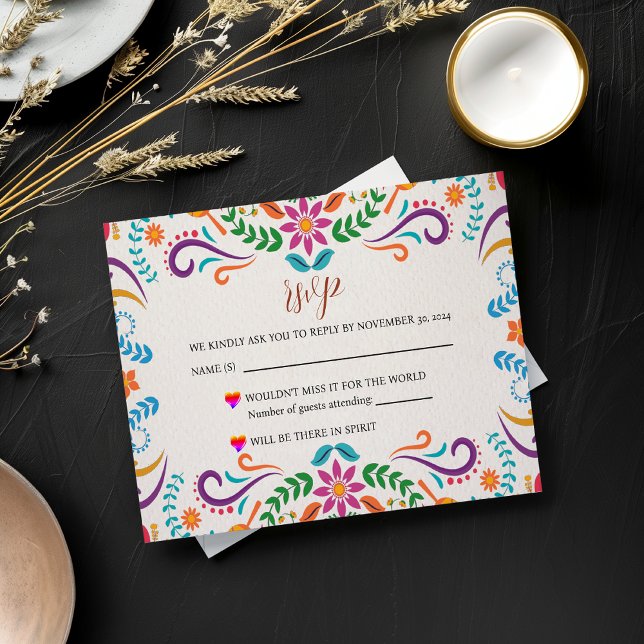 Cartão RSVP Casamento de Floral Fiesta Colorida mexicana (Mexican Elegant Colorful Floral Fiesta Wedding RSVP Card)