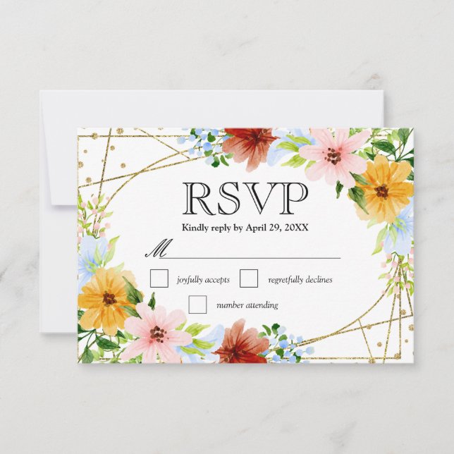 Cartão RSVP Casamento de Flores Azuis Amarelas Vermelhas Amare (Frente)