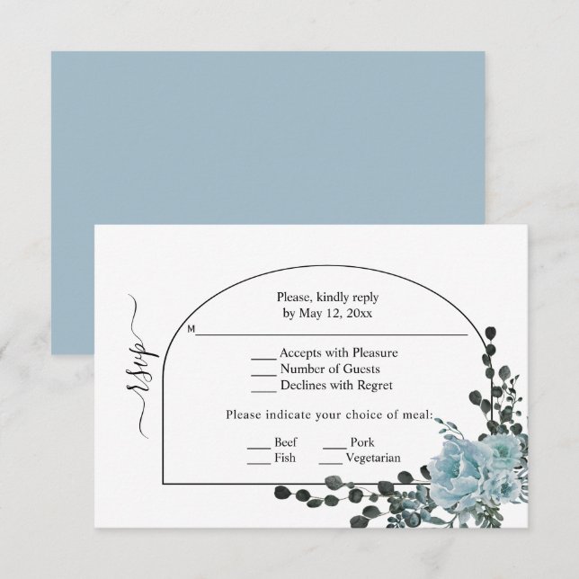 Cartão RSVP Casamento de flores azuis, arcos e monogramas (Frente/Verso)