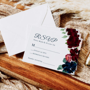 Cartão RSVP Casamento de Flores Azuis Elegante e Borgonha Mari