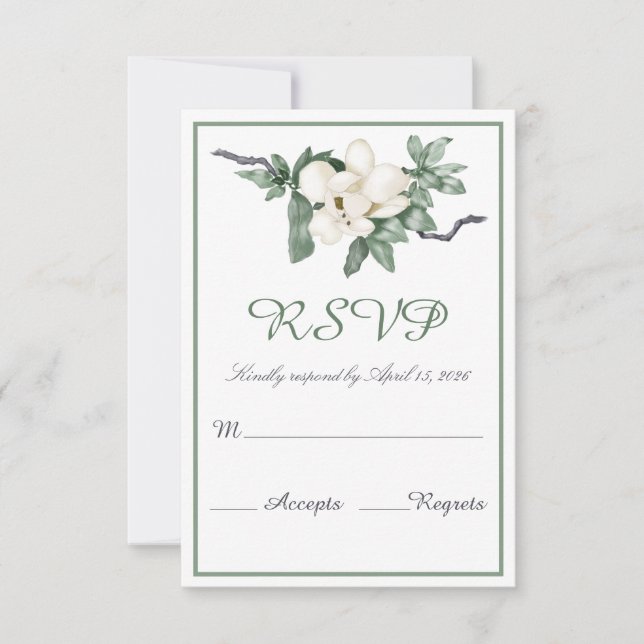 Cartão RSVP Casamento de Flores da Magnólia Branca Elegante (Frente)