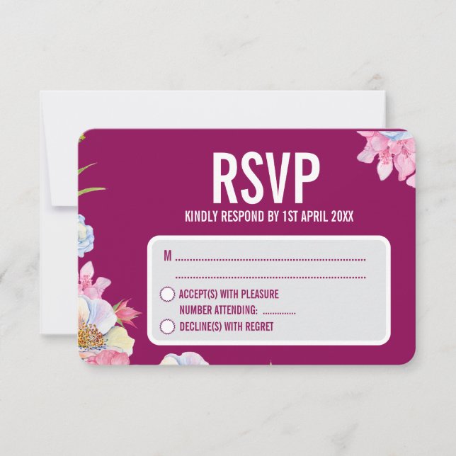 Cartão RSVP Casamento de Flores de Aquarela Azul Rosa (Frente)