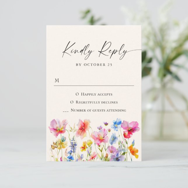 Cartão RSVP Casamento de Flores de Aquarela Festivas (Em pé/Frente)