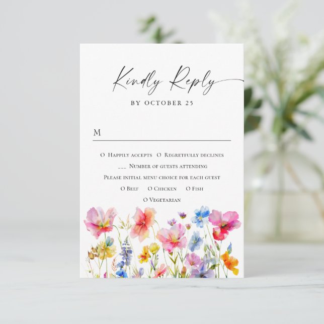 Cartão RSVP Casamento de Flores de Aquarela Festivas (Em pé/Frente)