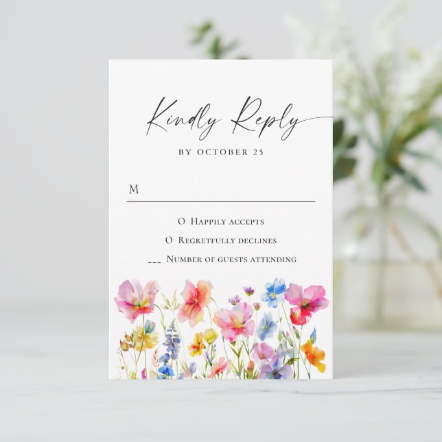 Cartão RSVP Casamento de Flores de Aquarela Festivas (Em pé/Frente)