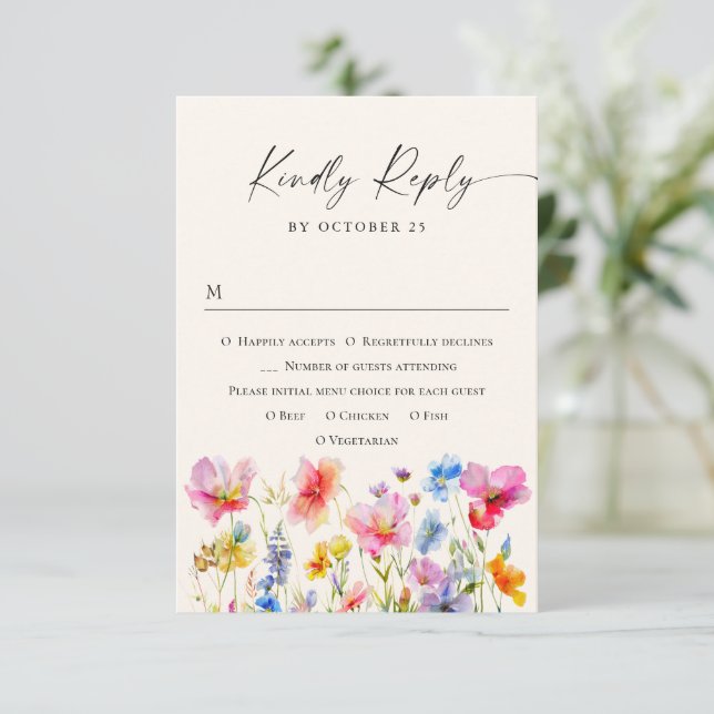 Cartão RSVP Casamento de Flores de Aquarela Festivas (Em pé/Frente)
