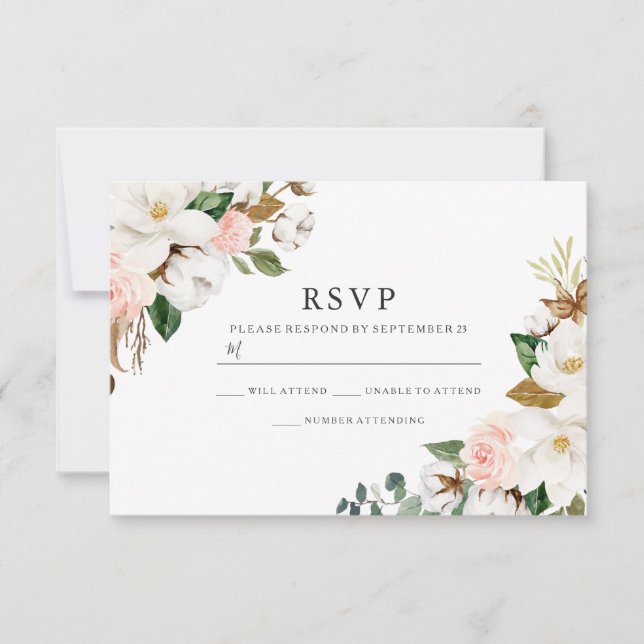 Cartão RSVP Casamento de Flores de Blush e de Aquarela Branca (Frente)