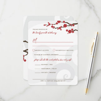 Cartão RSVP Casamento de flores de cerejeira de Red Sakura
