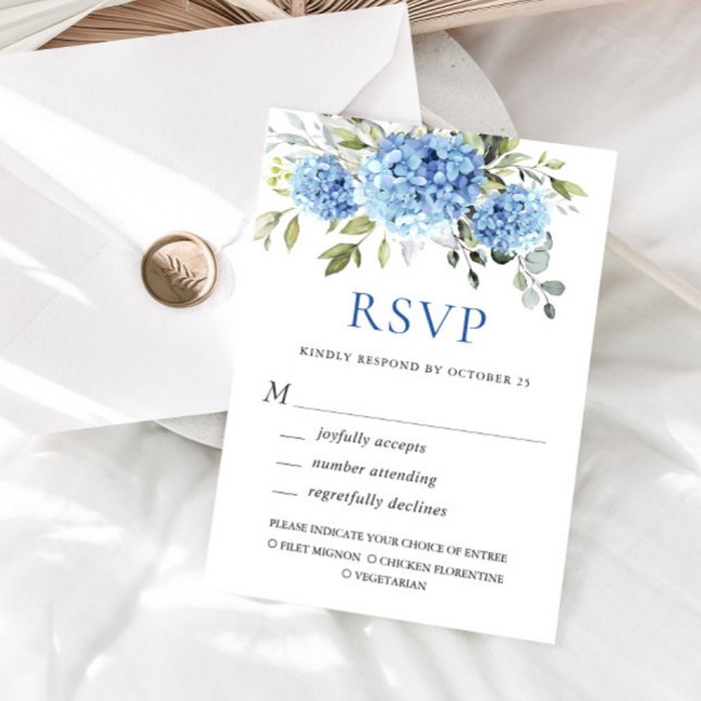 Cartão RSVP Casamento de Flores de Hydrangea Azul Elegante (Criador carregado)