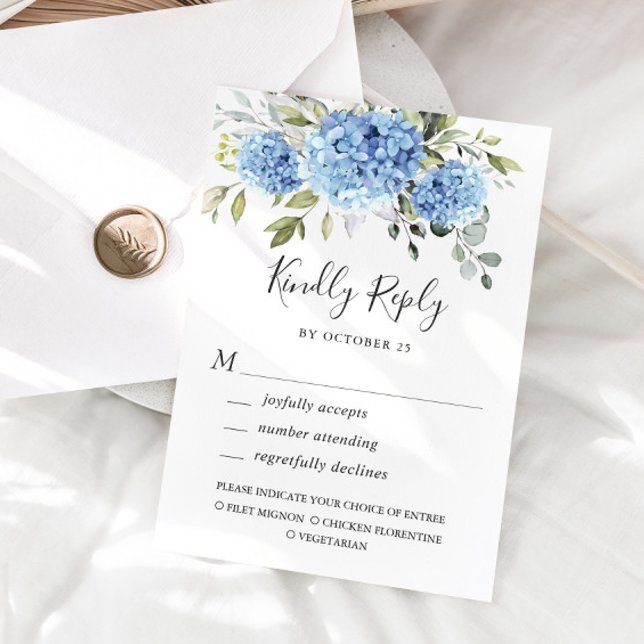 Cartão RSVP Casamento de Flores de Hydrangea Azul Elegante (Criador carregado)