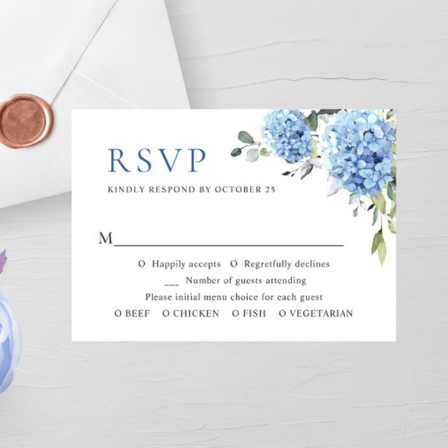 Cartão RSVP Casamento de Flores de Hydrangea Azul Elegante (Criador carregado)