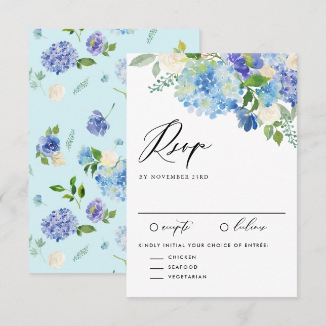 Cartão RSVP Casamento de Flores de Hydrangea Azul Watercolor (Frente/Verso)