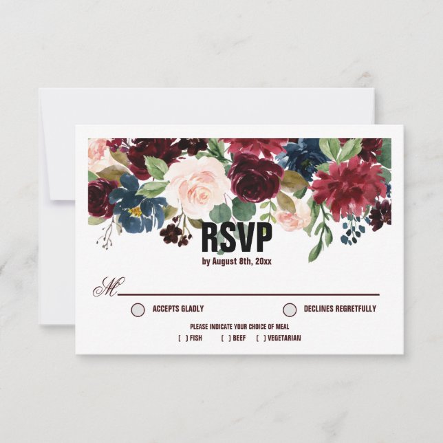 Cartão RSVP Casamento de Flores de Inglês Azuis (Frente)