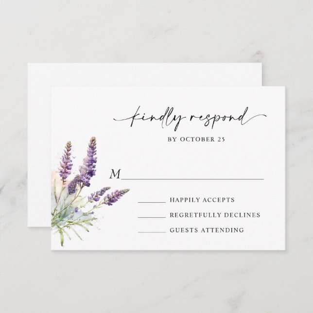 Cartão RSVP Casamento de Flores de Lavanda de Aquarela Elegant (Frente/Verso)