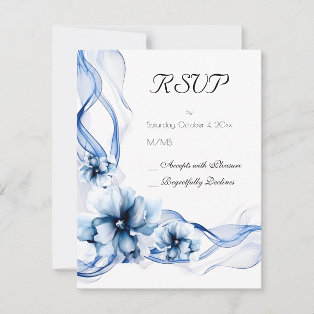 Cartão RSVP Casamento de Flores de Marinho Azul Elegante Dusty (Frente)
