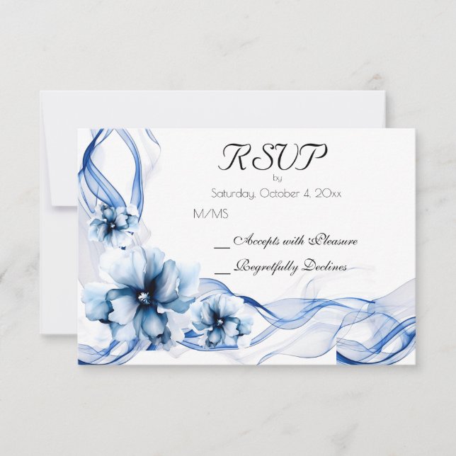 Cartão RSVP Casamento de Flores de Marinho Azul Elegante Dusty (Frente)