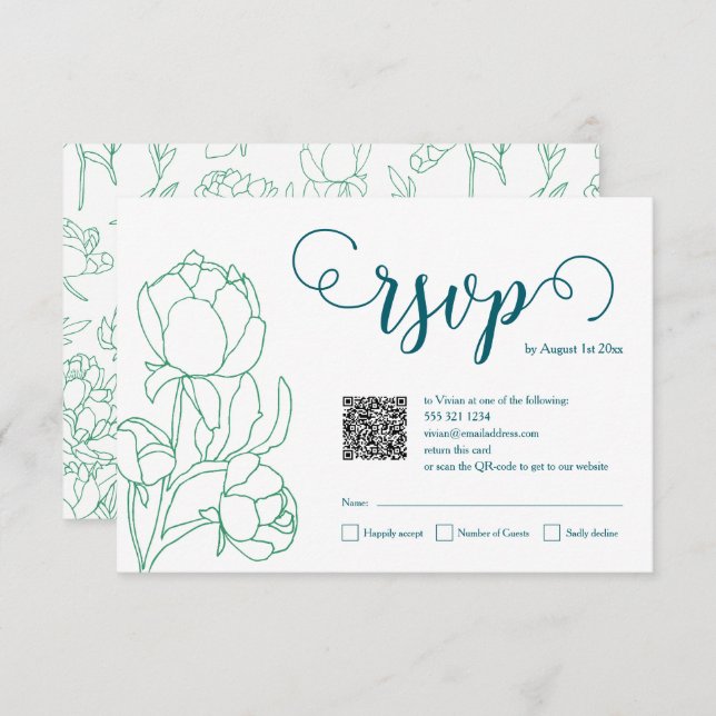 Cartão RSVP Casamento de Flores de Peônias Desenhadas em Mão V (Frente/Verso)