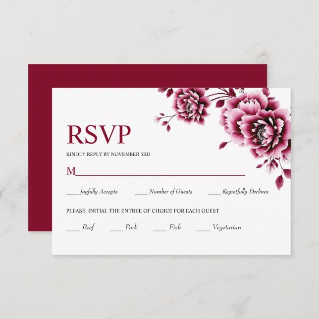 Cartão RSVP Casamento de flores florais chinesas bicomponentes (Frente/Verso)
