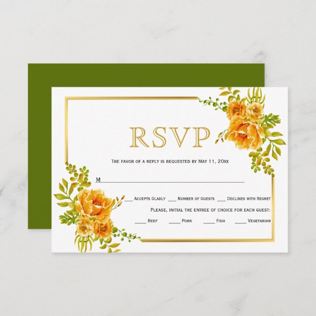 Cartão RSVP Casamento de flores laranja e moldura dourada (Frente/Verso)