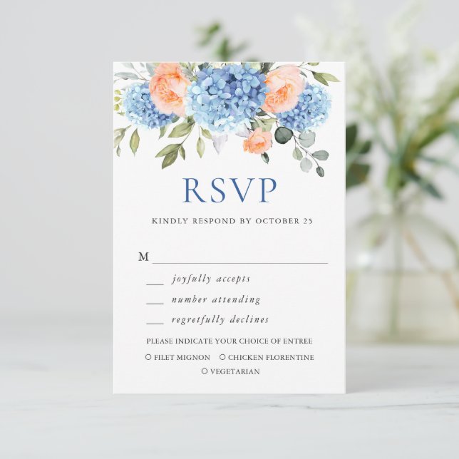 Cartão RSVP Casamento de Flores Rosa-Rosa Azul Hydrangea Blush (Em pé/Frente)