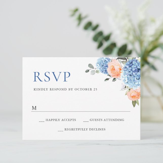 Cartão RSVP Casamento de Flores Rosa-Rosa Azul Hydrangea Blush (Em pé/Frente)