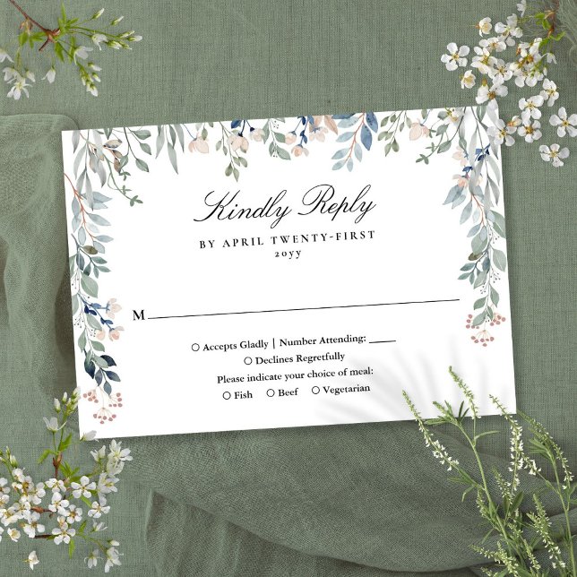 Cartão RSVP Casamento de Flores Selvagens Florais Elegante Gre (Elegant Greenery Floral Wildflowers Wedding RSVP Card)