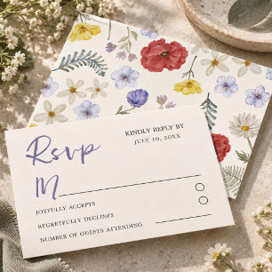 Cartão RSVP Casamento de Flores Silvestres Coloridas em Aquare