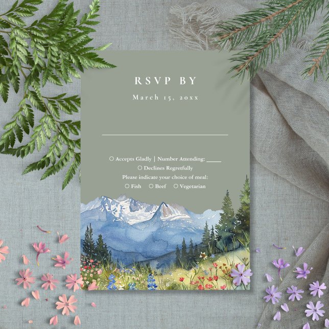 Cartão RSVP Casamento de Flores Silvestres Montanhosas em Verd (Sage Green Watercolor Mountain Wildflower Wedding RSVP Card)