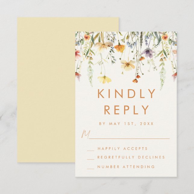 Cartão RSVP Casamento de Flores Silvestres Rústico (Frente/Verso)