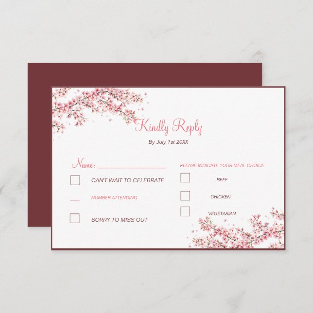 Cartão RSVP Casamento de Floresta de Cereja Elegante (Frente/Verso)