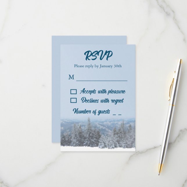 Cartão RSVP Casamento de Floresta de Montanha Snowy (Frente/Verso In Situ)