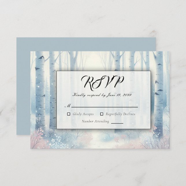 Cartão RSVP Casamento de Floresta de Nascimento Azul fosco (Frente/Verso)