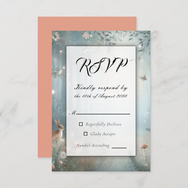 Cartão RSVP Casamento de Floresta Encantada de Teal e Peach (Frente/Verso)