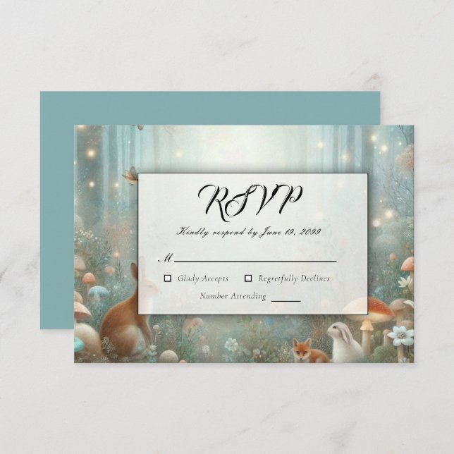 Cartão RSVP Casamento de Floresta Encantada de Teal e Peach (Frente/Verso)