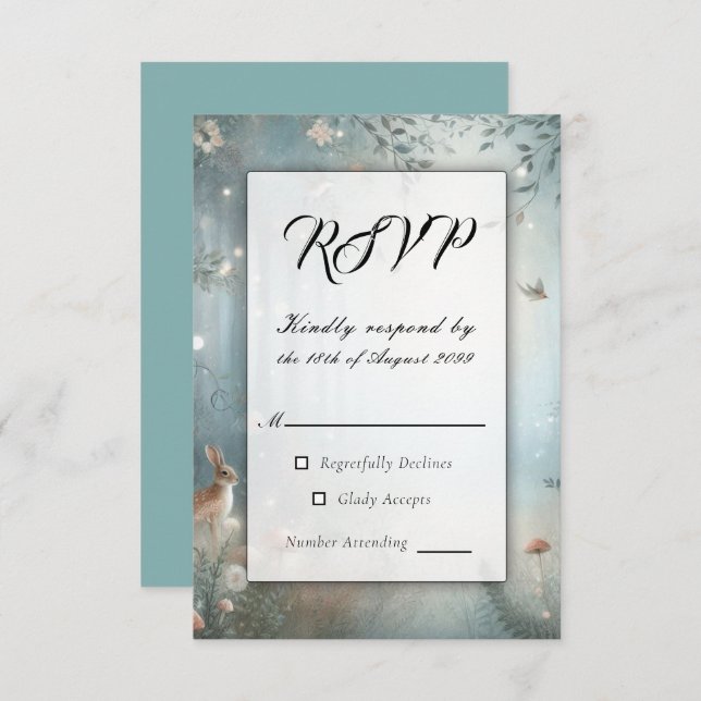 Cartão RSVP Casamento de Floresta Encantada de Teal e Peach (Frente/Verso)