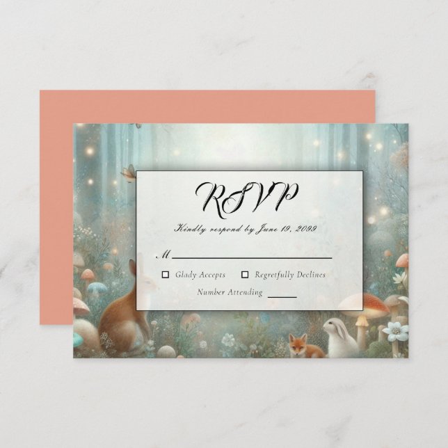 Cartão RSVP Casamento de Floresta Encantada de Teal e Peach (Frente/Verso)