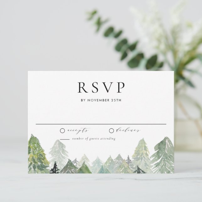 Cartão RSVP Casamento de Floresta Evergreen de inverno com Aqu (Em pé/Frente)