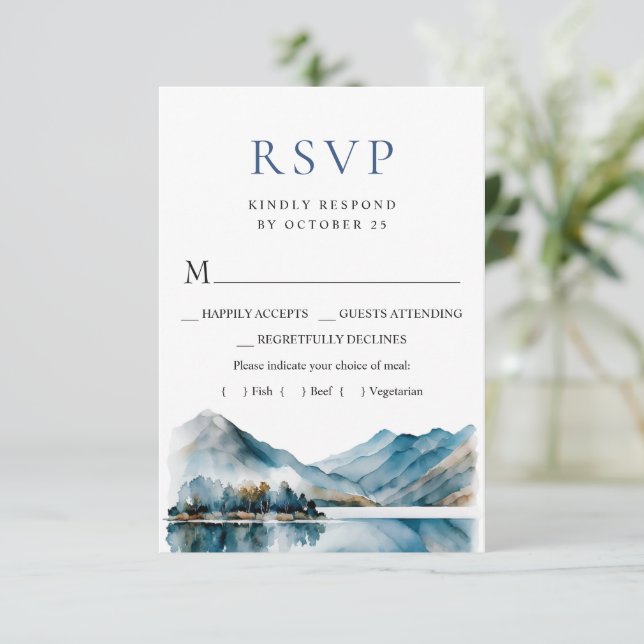 Cartão RSVP Casamento de Floresta nas Montanhas Elegante de Aq (Em pé/Frente)