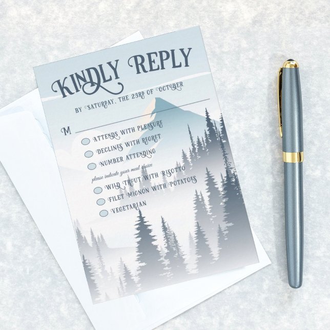 Cartão RSVP Casamento de Florestas de Montanha cinza (Criador carregado)