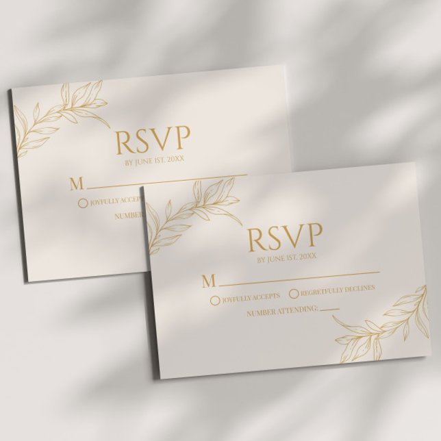 Cartão RSVP Casamento de Folha de Leaf Dourada de Beige minima (Criador carregado)