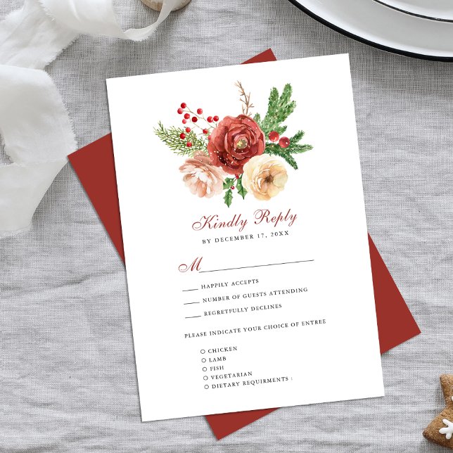 Cartão RSVP Casamento de Folhagem de Pinheiros Flores Rosa-Ros (Criador carregado)