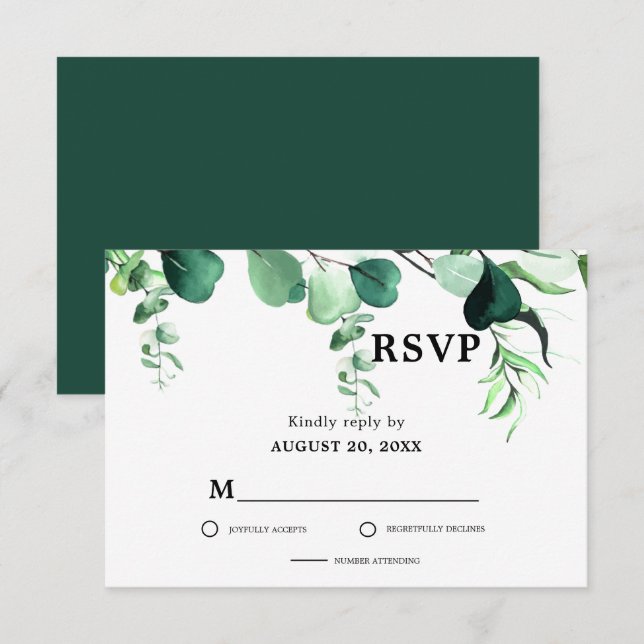 Cartão RSVP Casamento de Folhagem Eucalyptus Verde Elegante (Frente/Verso)