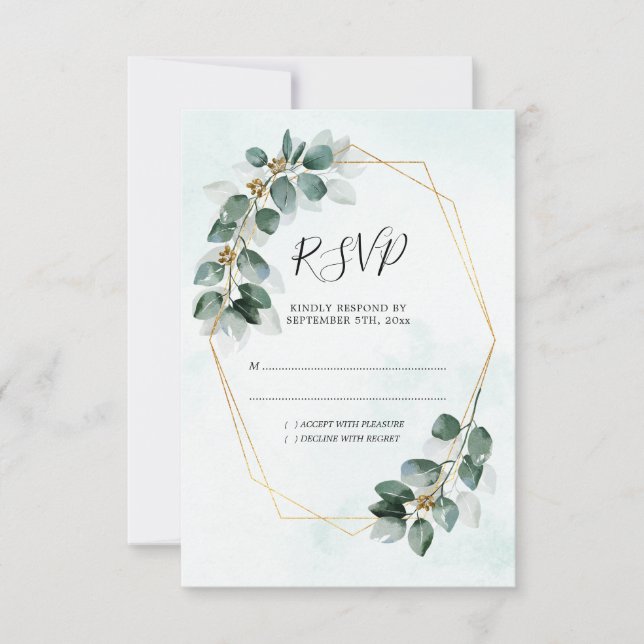 Cartão RSVP Casamento de Folhagem Geométrica de Eucalyptus Wat (Frente)