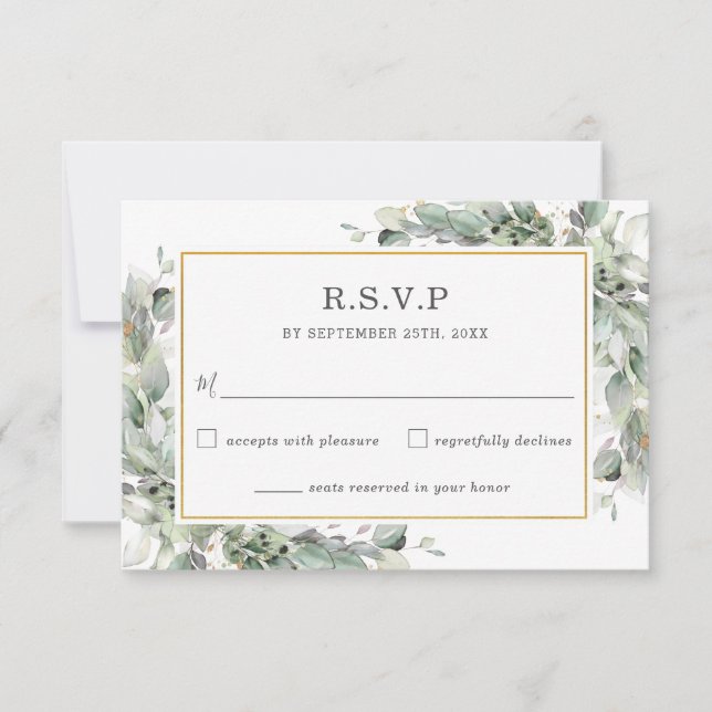 Cartão RSVP Casamento de Folhagem Verde Chic Greenery Dourado  (Frente)