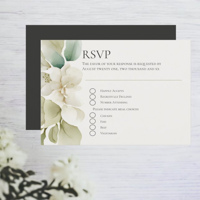 Cartão RSVP Casamento de Folhagem Verde Mudada (Muted Green Foliage Wedding RSVP Card with personalized responses. easy to edit. RSVPs from Ricaso)