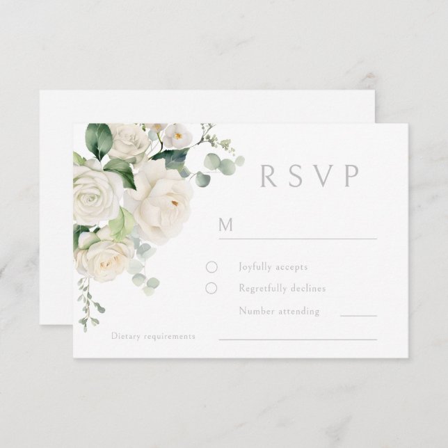 Cartão RSVP Casamento de Folhas Brancas e Folhas de Sage (Frente/Verso)