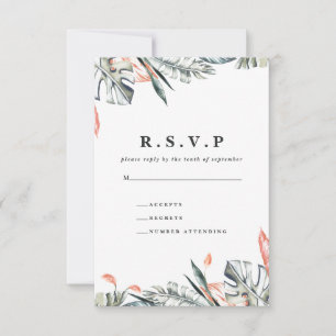 Cartão RSVP Casamento de folhas de coral e folha tropical R.S.
