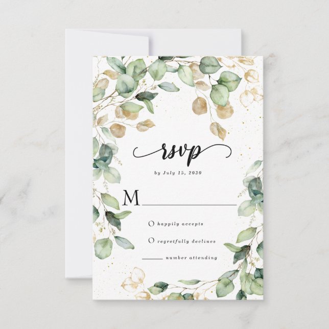Cartão RSVP Casamento de Folhas de Eucalipto Elegantes (Frente)